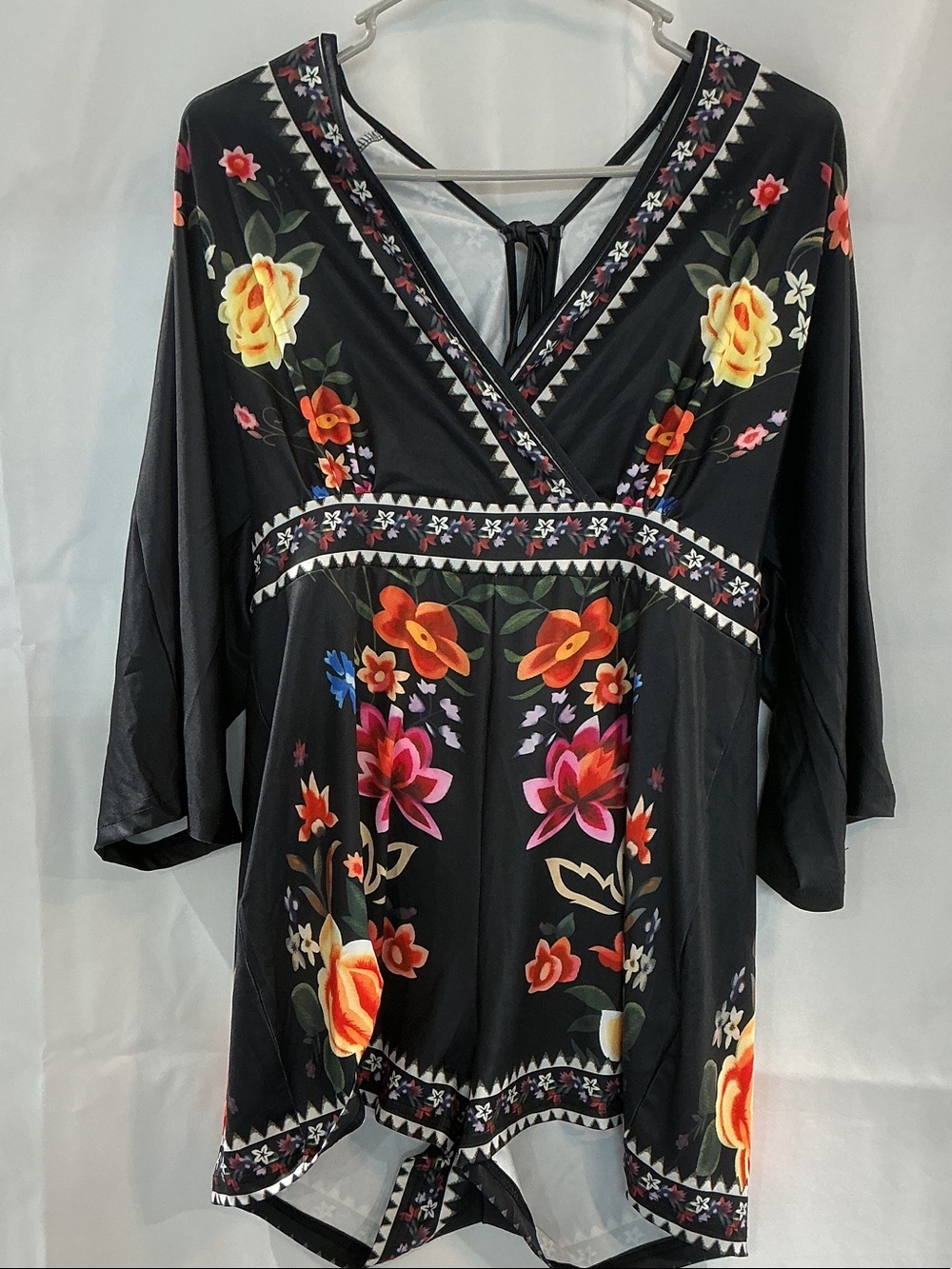SHEIN Black Floral V-Neck Romper with Tie Back